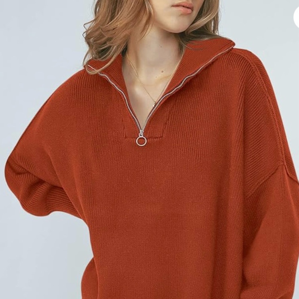 ANRABESS Women's LARGE Rust Oversized Long Sleeve Quarter Zip Slouchy Sweater - Picture 2 of 6